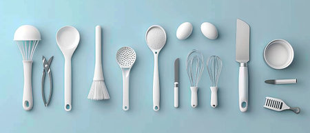 A top view of baking tools against a pastel blue background. This is a 3D rendering.の素材