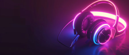 Luminous headphone neon on a dark background. Render in 3Dの素材
