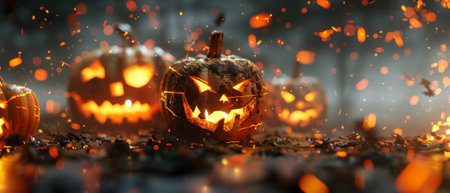 The lighting on the pumpkins is on a dark background. This is a 3D rendering.の素材