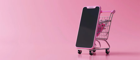 An iPhone with a shopping cart on a pink background. 3D renderingの素材