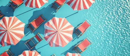 Top view pattern of beach umbrella on blue background. Summer vacation concept. 3D rendering.の素材