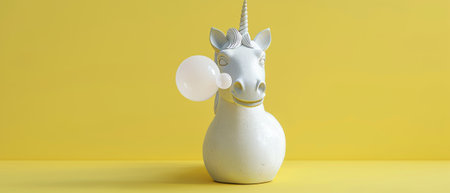 The 3D rendering shows a concrete unicorn blowing a chewing gum bubble against a yellow background. The image is creative and minimal.の素材