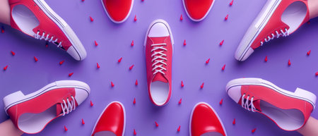 Different concept. 3D rendering of sneakers in red high heels against a purple background.の素材