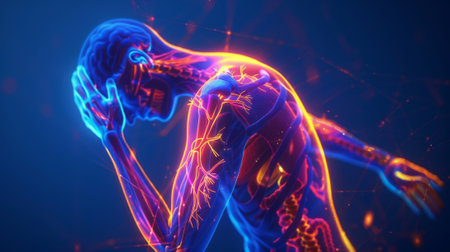 Nerve pain in arm, man holding painful zone, human anatomyの素材