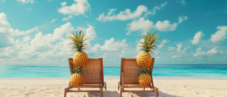 A tropical beach, hipster pineapples on chairs against a sky background. 3D rendering.の素材