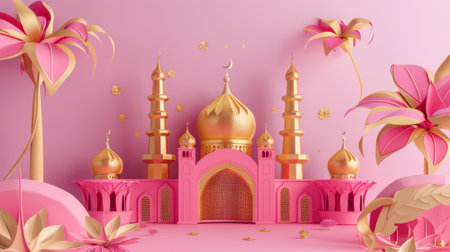 The Ramadan paper art fanoos are in fuchsia and golden colorの素材