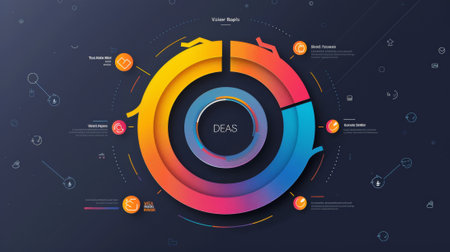 This infographic template shows a connected circular flow chart with four stepsの素材