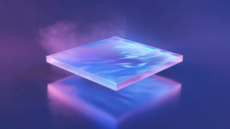 A 3D futuristic glassmorphism square plate floats on a dark blue background, creating the illusion of gradient liquid effects.の素材