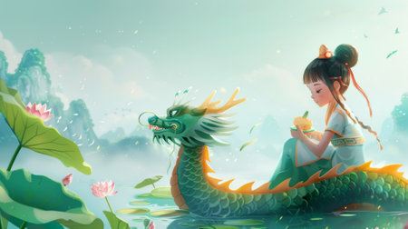 Wishing you a blessed Duanwu holiday on lunar May 5th with a dragon boat and rice dumplings. A lotus on a river banks the scene.の素材