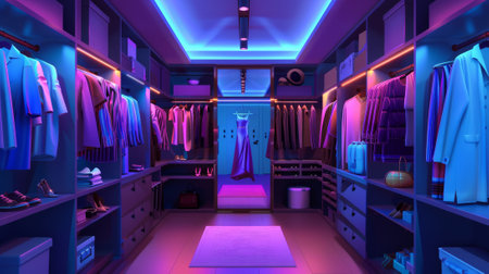 This cartoon illustration shows an expansive walking closet or dressing room full of male and female clothes. Dresses hang on hangers, bags and boxes are arranged on wardrobe shelves, and there are.の素材