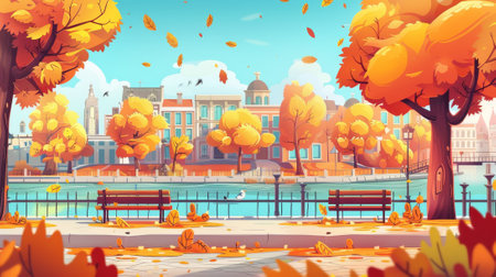 In this cartoon modern illustration of an empty public garden, orange leaves are flying in the air and yellow foliage adorns the trees. The city streets of autumn are dotted with yellow leaves on.の素材