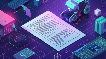 Invoice isometric landing page. An artificial intelligence robot. Shopping, banking, accounting paychecks, smart technologies 3D modern line art web banner..の素材