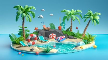 Various tropical plants, aquatic exercise equipment, weather elements, etc. on a blue background, showing beach summer fun in 3Dの素材