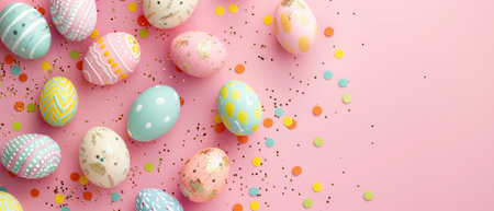 A pastel pink background with colorful Easter eggs.の素材