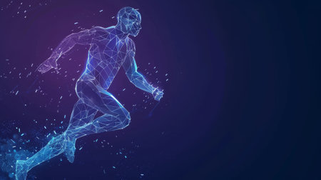 A low poly wireframe of a human body. An athlete, running man. Sport concept. Modern polygonal futuristic image.の素材