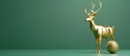 This is a 3D rendering of a gold reindeer with a Christmas ball on a green background. This is a creative idea. A Christmas minimalist concept.の素材