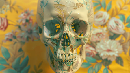 An eerie human skull looks at the camera with green eyes while placed on a fabric with drawn flowers and yellow backgroundの素材