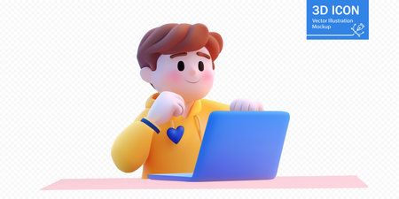 A vibrant 3D vector illustration of a smiling character sitting at a desk, working on a blue laptop. Perfect for concepts related to remote work, online learningのイラスト素材