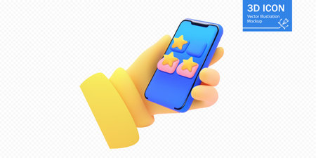 Bright 3D vector illustration of a hand holding a smartphone with vibrant app icons featuring stars. Perfect for concepts related to technology, apps, reviews, and digital interaction.のイラスト素材