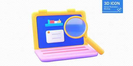 Colorful 3D vector illustration of a laptop with a magnifying glass, showcasing a search and...