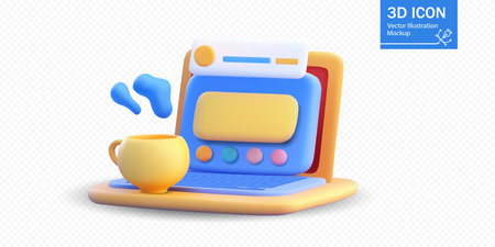A 3D vector illustration of a colorful laptop with a steaming coffee cup beside it. The vibrant design showcases a playful digital interface. Ideal for creative workspace, productivity, or tech conceptsのイラスト素材