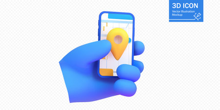 Hand holding mobile phone displaying map with location pin in colorful 3D designのイラスト素材