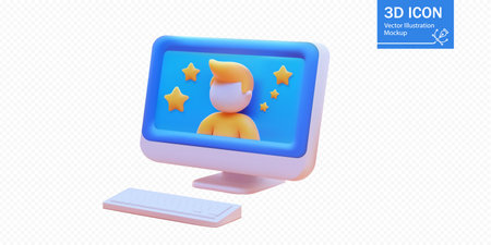 Colorful 3D computer mockup featuring a character and stars in a digital workspace