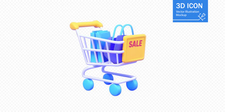 Shopping cart with sale items displayed in a colorful and playful design on a white backgroundのイラスト素材