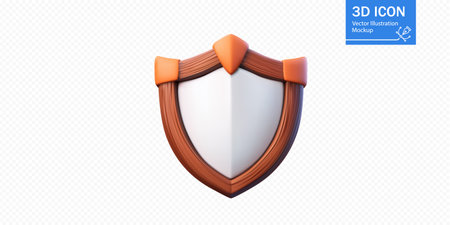 3D shield icon design with wooden and orange elements for digital projects and applicationsのイラスト素材