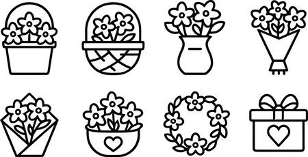 Decorative floral illustrations featuring various arrangements and containers showcasing flowers in a simple styleのイラスト素材