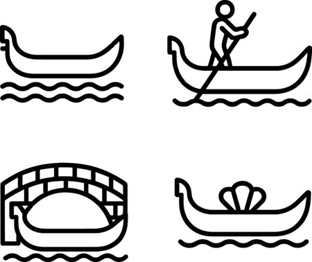Various gondola designs with a person rowing, showcasing iconic Venetian elements by the waterのイラスト素材