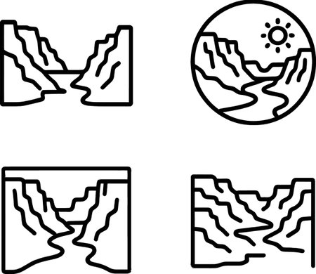 Scenic river valley with cliffs under clear sky showing various artistic interpretations in a minimalist styleのイラスト素材