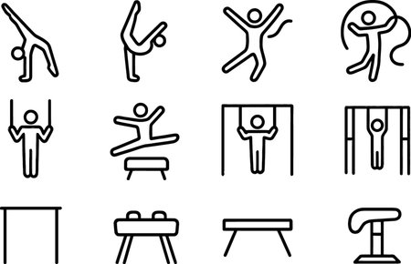Gymnastics athletes performing various routines on equipment at a training facility during a morning practice sessionのイラスト素材