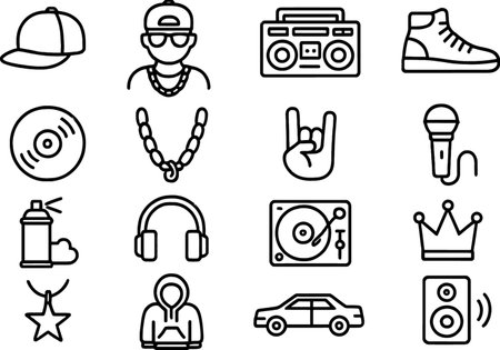 Icons representing hip hop culture featuring accessories and music elementsのイラスト素材