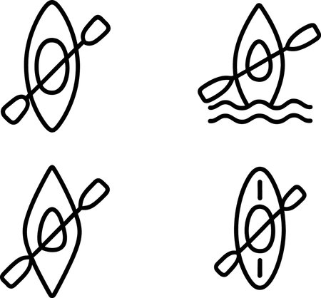 Different styles of kayaks and paddling symbols illustrating water activities and outdoor adventuresのイラスト素材