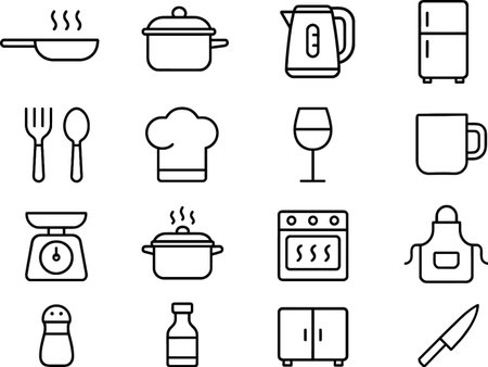 Kitchen utensils and appliances showcase essential tools for culinary activities and meal preparationのイラスト素材