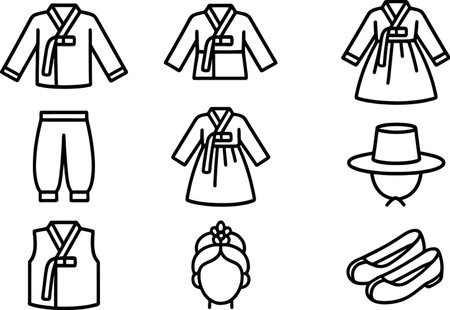 Traditional Korean clothing illustrations featuring hanbok, accessories, and footwear in a simple black and white designのイラスト素材
