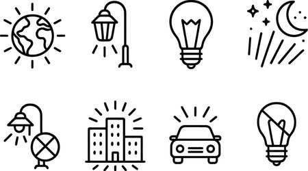 Various icons representing light sources, cityscapes, and atmospheric elements created in a simple line art styleのイラスト素材