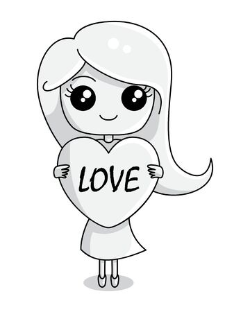 Cute Girl Smile Holding Love Heart Cartoon Coloring Pageのイラスト素材