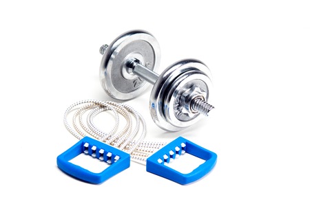 Chrome Weights dumbbells and fitness expander, isolated on white backgroundの写真素材