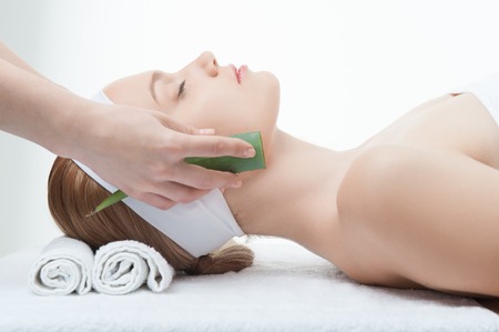 Beauty and relaxation concept, attractive woman in spa salon lying on the massage desk with aloe, side view isolated on whiteの写真素材