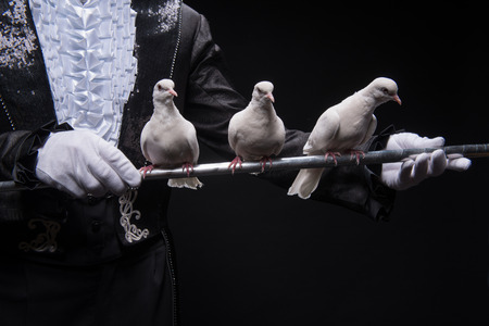Half-length portrait of juggler wearing interesting black costume and white shirt holding three pouters on the silver stick in his hands  Isolated on black backgroundの写真素材