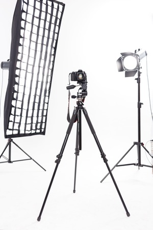 Main photography tools. Professional photography equipment rests inside workroom waiting to be used.の写真素材