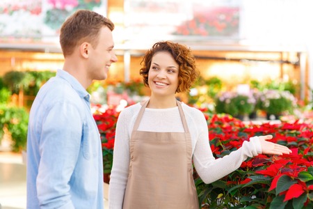 Working with client. Positive female florist is demonstrating various flower breeds to her client.の写真素材