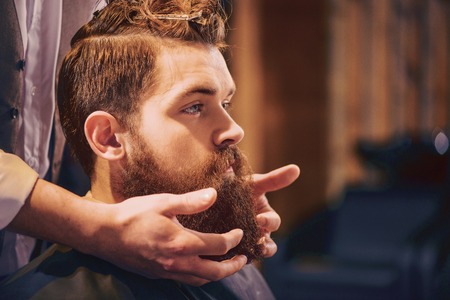 Follow your wishes. Handsome bearded man sitting in the barbershop while  professional barber styling his beardedの写真素材