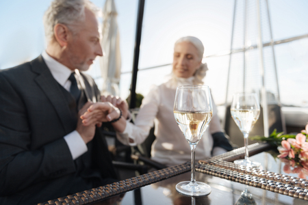 Focused photo on bocals that standing on the tableの写真素材