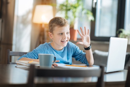 Distance communication. Happy excited young boy smiling and waving his hand while greeting his...