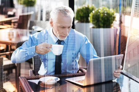 Tasty coffee. Calm attentive serious mature man sitting at the table and looking at the screen of his convenient modern laptop while drinking coffeeの写真素材