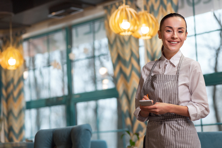 Listen attentively. Sincere gorgeous beautiful waitress taking order while staring at camera and spending working dayの写真素材