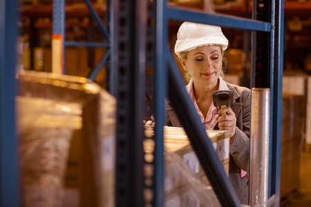 Manager control. Delighted nice woman holding a scanner while checking goods in the boxes